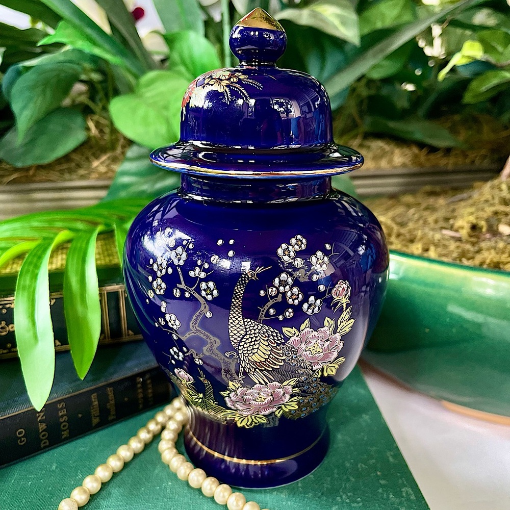 Vintage Yamato Ginger Jar Cobalt Blue Hand Painted Japanese Pheasant w/ Flowers